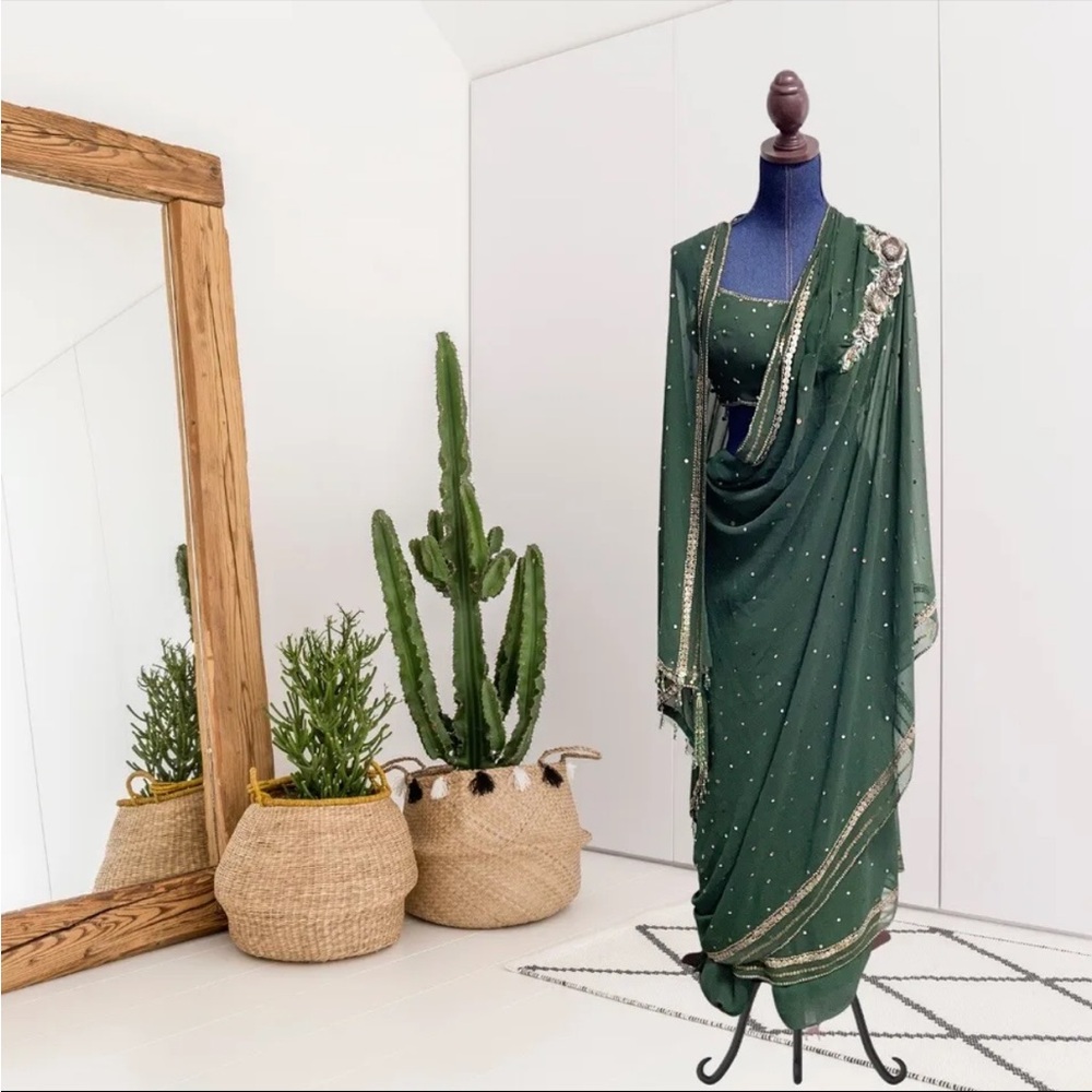 Saree outfit sari wrap skirt crop top green gold beaded Indian wedding outfit s